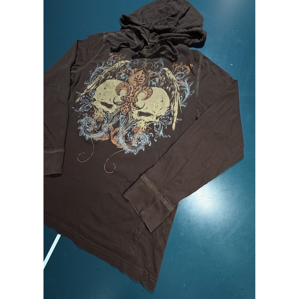 Y2K No Boundaries Hoodie Mens M Cross Skulls Dark Brown Grunge Skater Wings - Picture 3 of 9